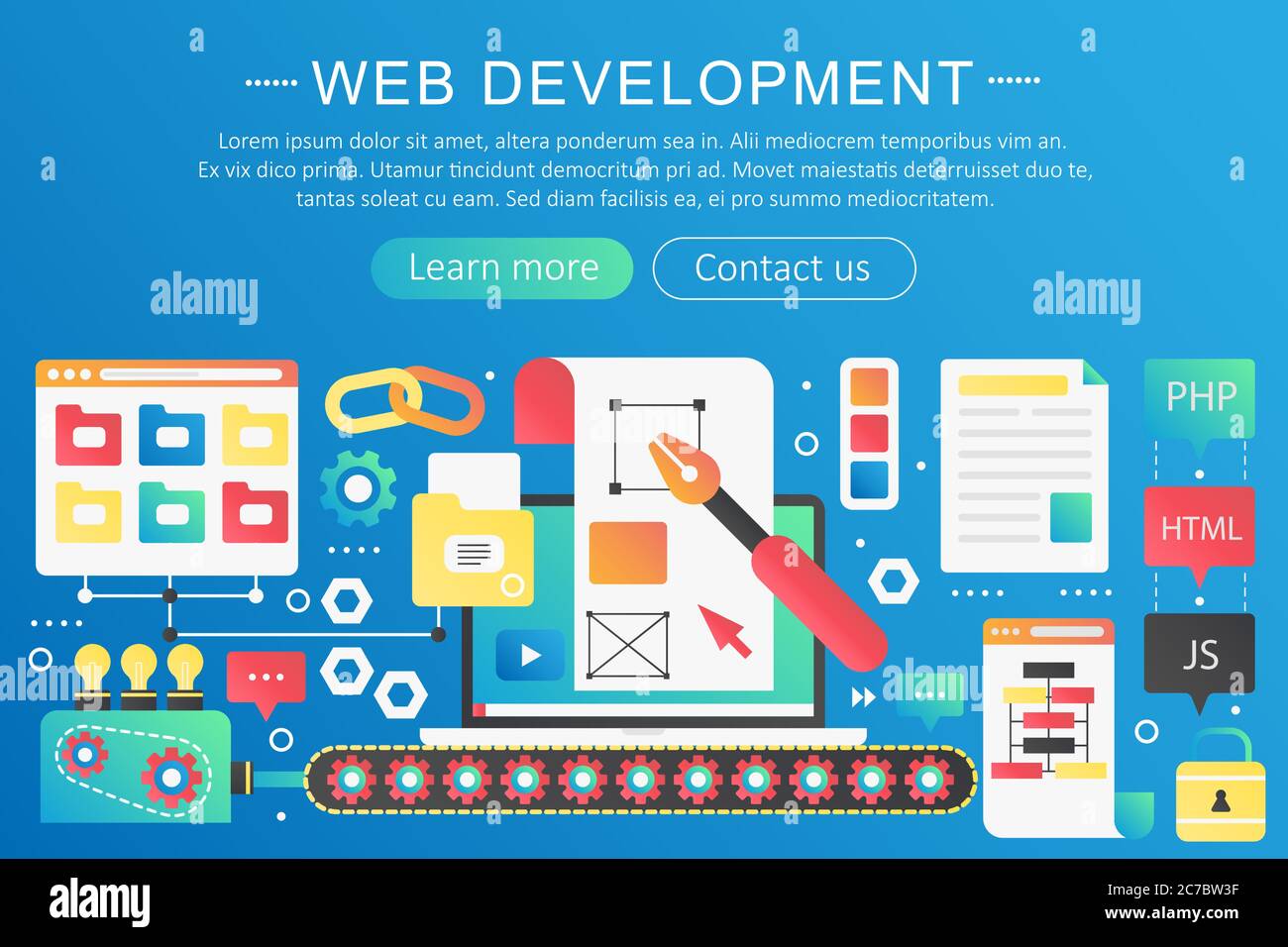 Vektor trendy flache Farbverlauf Web-Entwicklung Konzept Vorlage Banner mit Symbolen und Text Stock Vektor