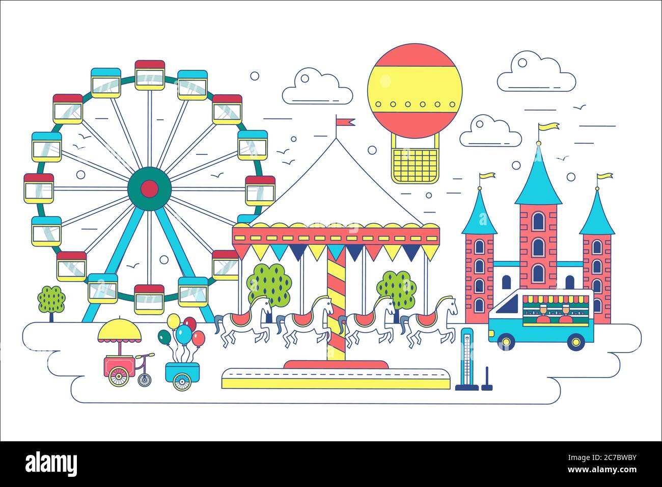 Vergnügungspark flache Linie Vektor-Illustration. Zirkus, Riesenrad, Attraktionen, Luftballon in Luft Stock Vektor