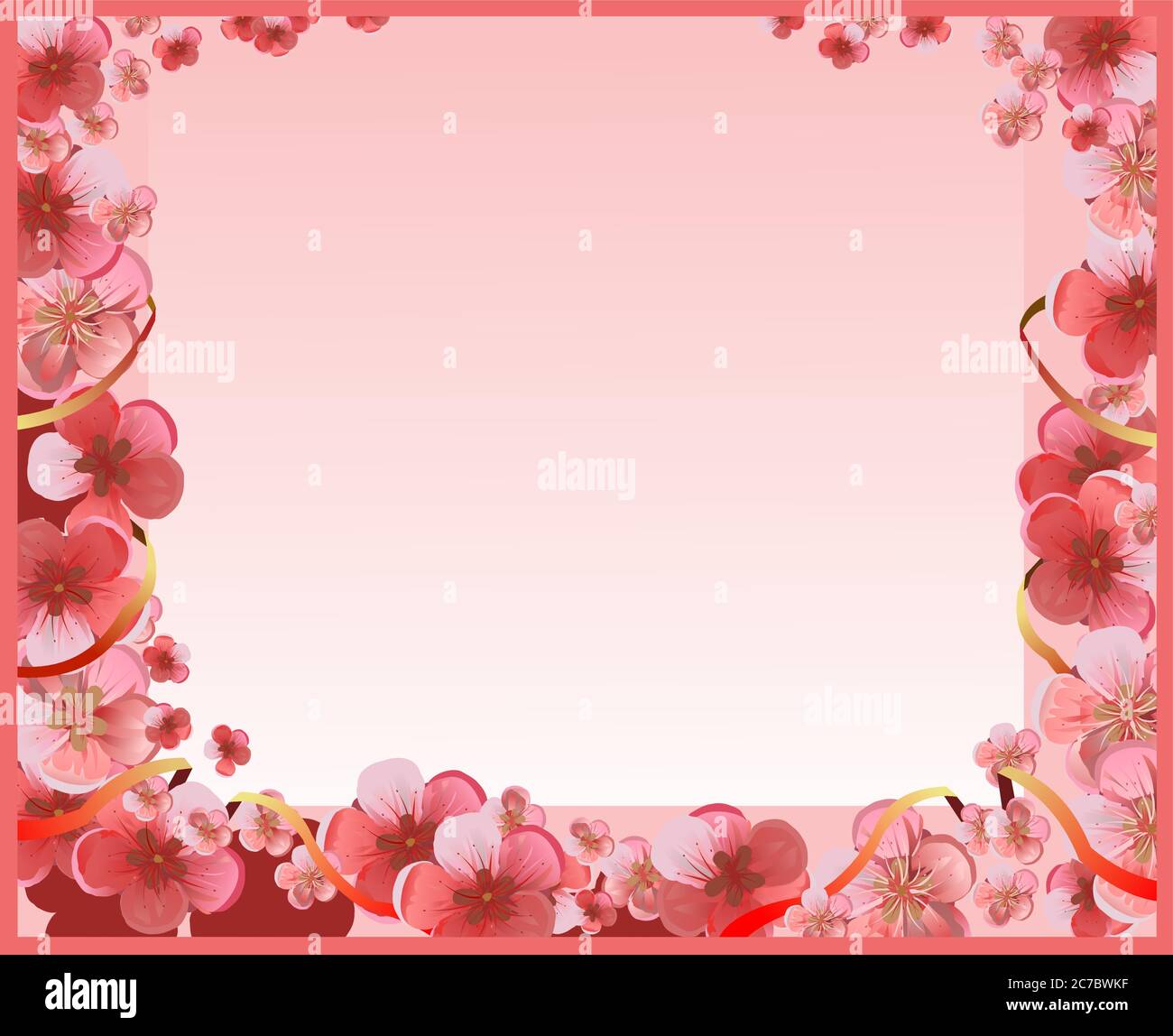 Rahmen von rosa Blumen für eine Karte. Blumen von Kirsche, Apfelbaum, Pflaume, Aprikose, Pfirsich, Birne. Rote und weiße Blüten auf einem rosa Hintergrund. Sehr Schön. Stock Vektor