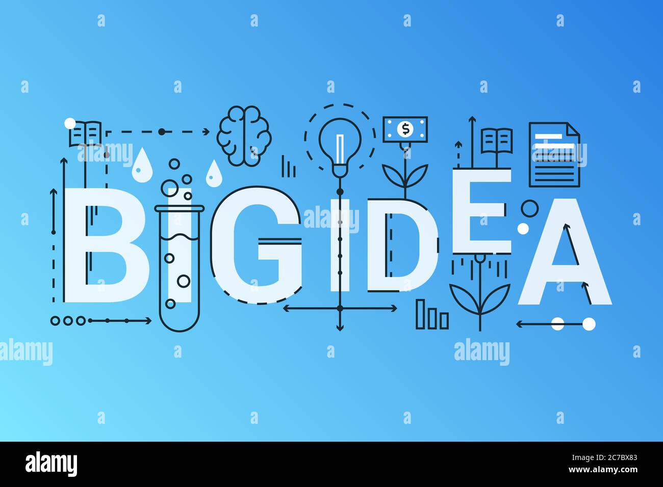 Große Idee 2019 Wort trendige Komposition Konzept Banner. Skizzieren Schlaganfall große Idee, Brainstorming, Lösung finden, kreatives Denken. Flache Linie Symbole Schrift Typografie Stock Vektor