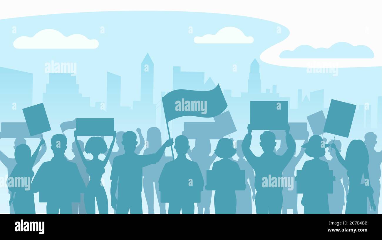 Silhouette Menge von Menschen Demonstranten. Protest, Revolution, Konflikt in der Stadt. Flache Vektorgrafik Stock Vektor