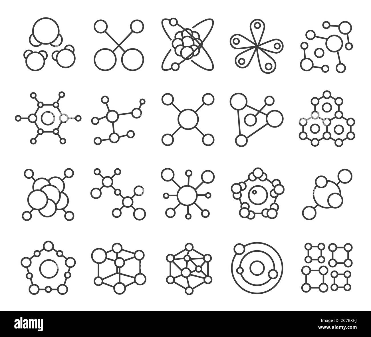 Symbole für Molekülmodelle gesetzt. Chemische Struktur von Molekülen und Wissenschaft. Symbole für die Linienführung von Atommolekülen isoliert. Stock Vektor