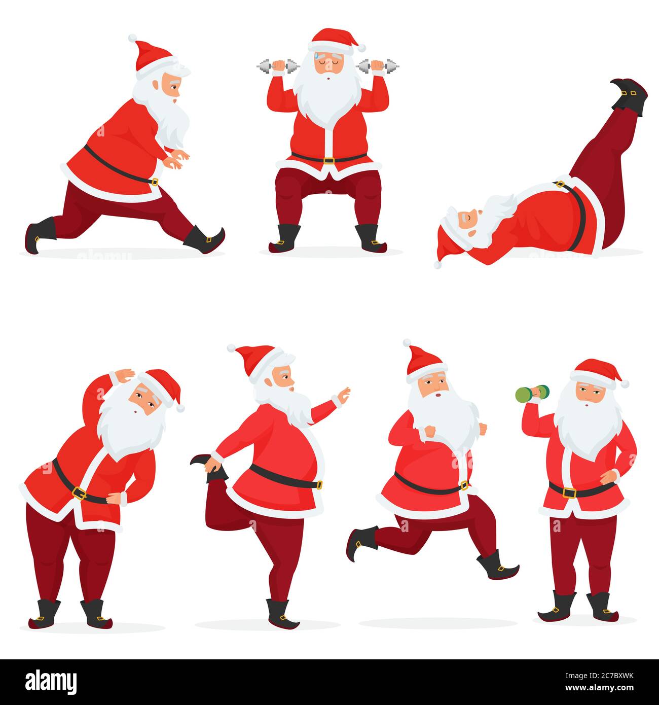 Vector lustig und niedlich Weihnachtsmann-Set macht Gym-Übungen mit Hanteln und Langhantel isoliert. Sport Fitness santa Stock Vektor