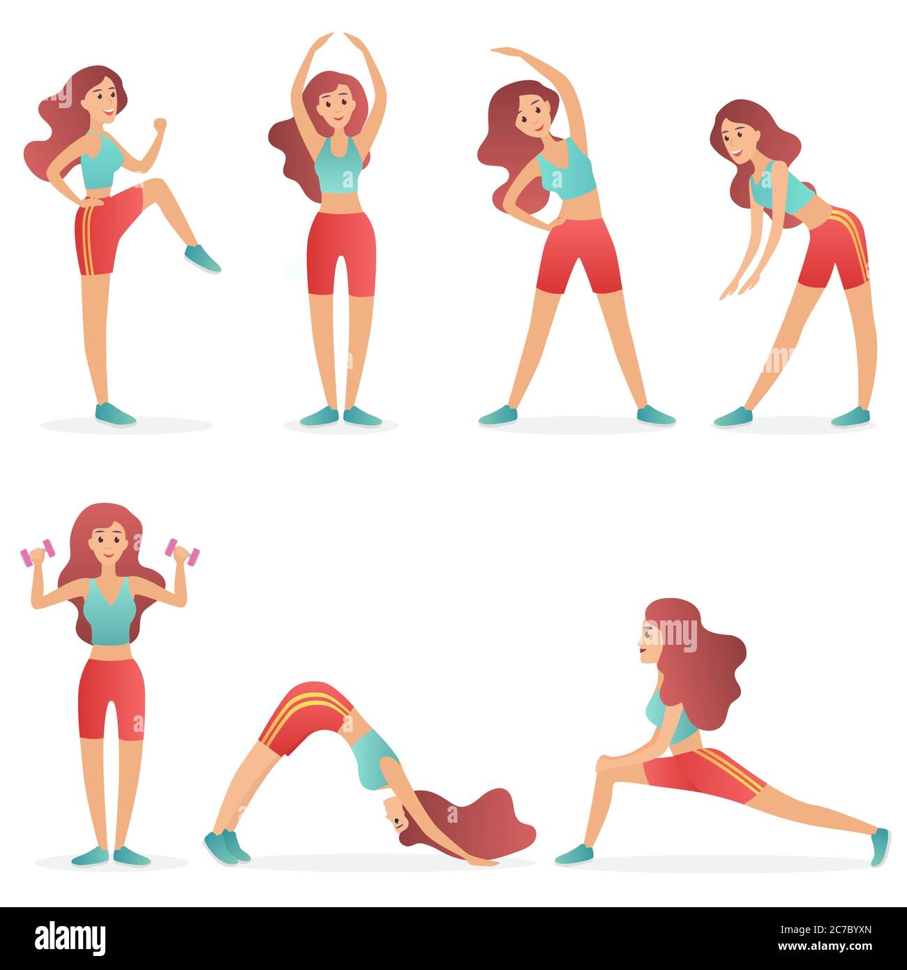 Lustige hübsche Frau Ausübung verschiedene verschiedene Training Fitness Posen Übungen Set Vektor Illustration Stock Vektor