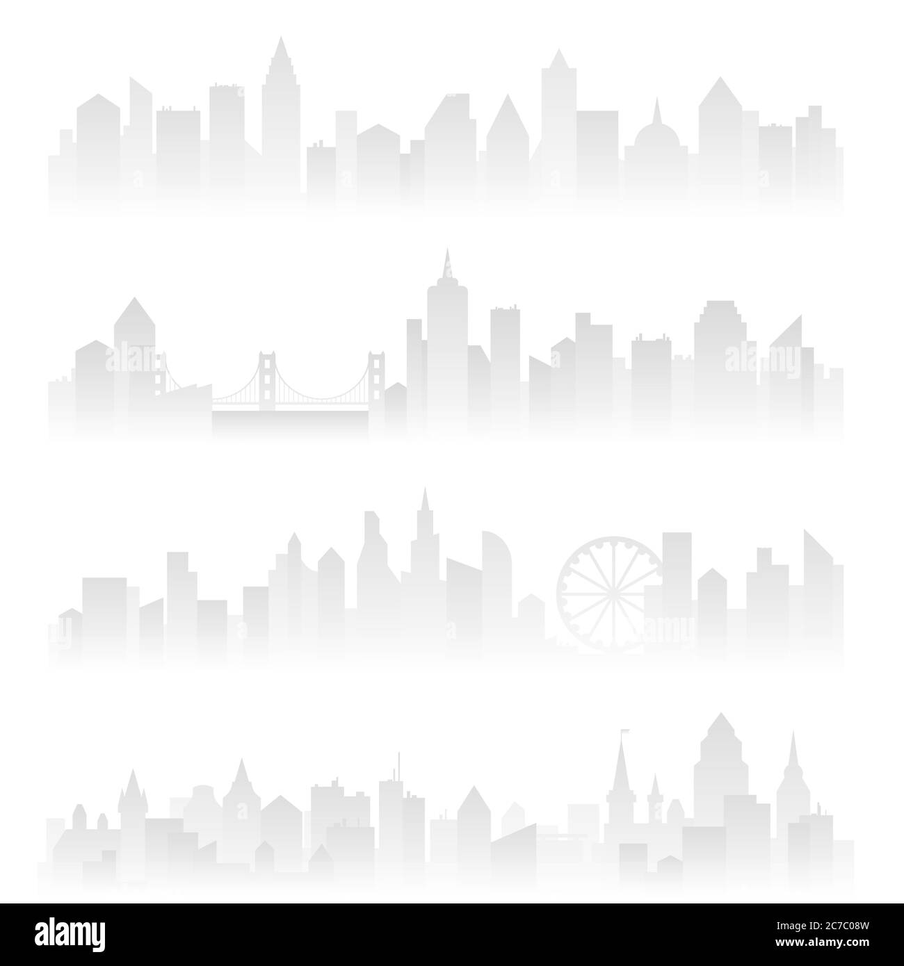 Setzen Sie horizontale Vorlage Banner der nebligen Stadt mit Wolkenkratzern im Dunst Stock Vektor