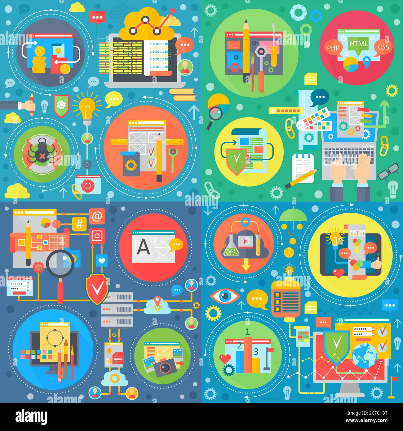 Trendige flache Web-Design Illustrationen. Website Design quadratische Konzepte gesetzt Stock Vektor