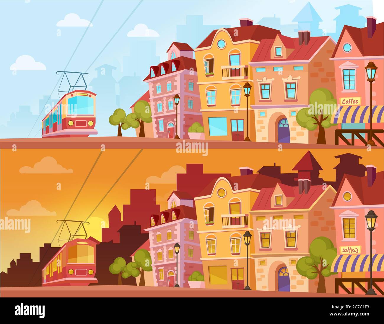 Historische Stadtstraße bei Sonnenuntergang, Sonnenaufgang und sonnigem Tag. Altstadt Stadtgebiet mit Straßenbahn. Cartoon Vektorgrafik Stock Vektor