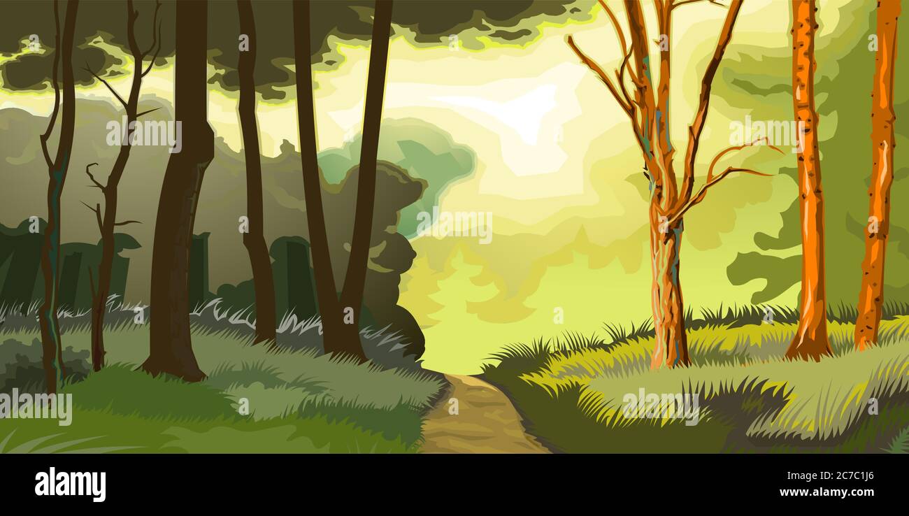 Wald. Bäume und Sträucher. Erwachsene und junge. Grüne Sommerlandschaft. Rasen im Wald. Frühling Morgen, Tag. Der Himmel ist grün. Matins Nebel. Überwuchs Stock Vektor