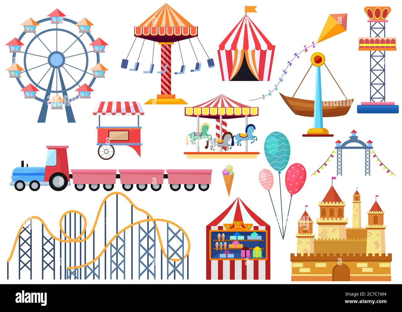 Vergnügungspark Vektor Unterhaltung Symbole Elemente isoliert. Bunte Cartoon flache Riesenrad, Karussell, Zirkus und Schloss isoliert Stock Vektor