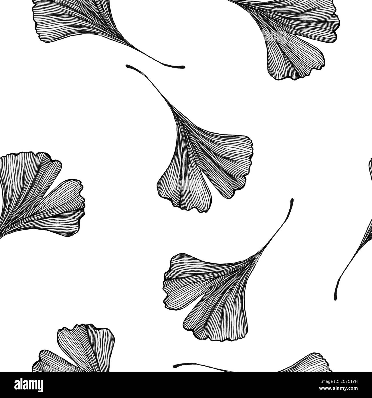 Monochrome Ginkgo biloba nahtloser Hintergrund, handgezeichnete Linie Kunst Illustration mit Ginkgo Blätter zum Einwickeln, Tapete oder Stoff, Ginkgo Textil de Stockfoto