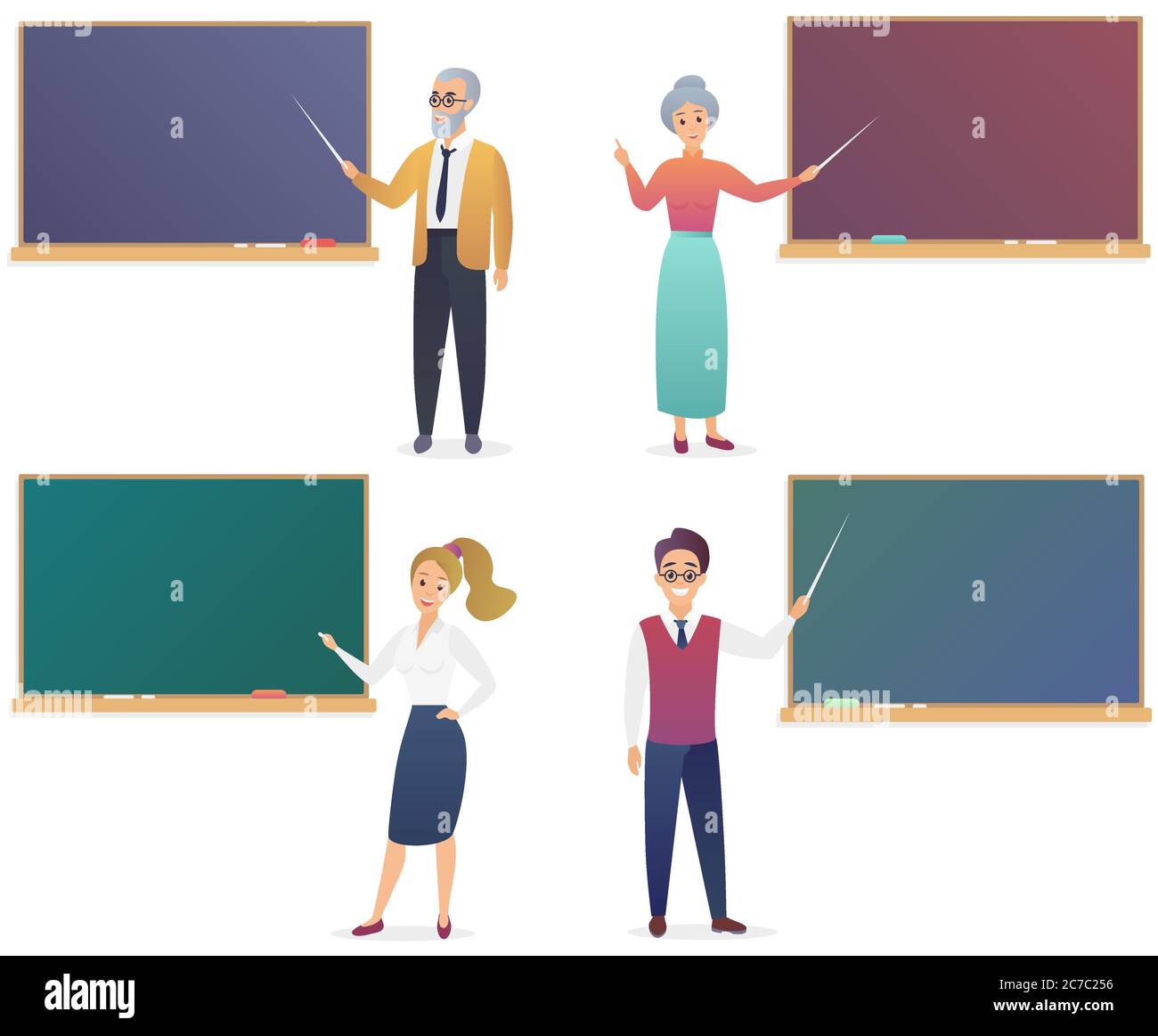 Junger Mann, Frau, ältere Lehrer und Lehrerinnen in der Nähe von Tafelaufsatz. Trendy Farbverlauf Vektor Illustration Lehrer isoliert Stock Vektor