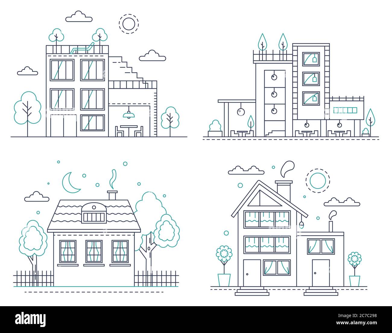 Dünne Linie Land vorstädtischen amerikanischen Haus mit Bäumen gesetzt. Vektordarstellung für Infografik, Webdesign und Anwendungsschnittstellen Stock Vektor