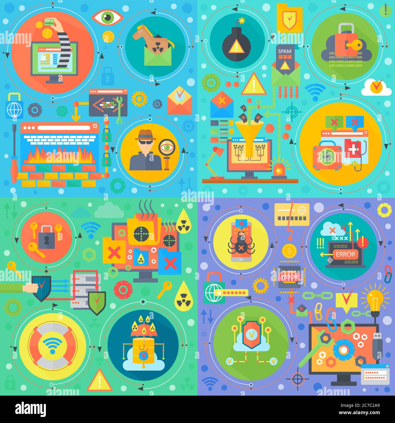 Cyber Security Square Konzepte gesetzt. Online-Sicherheit, Hacker, Hacker Virus Atack, infizierte Dateien, Benutzer digitalen Schutz flach Vektor-Design Vektor Illustration Stock Vektor