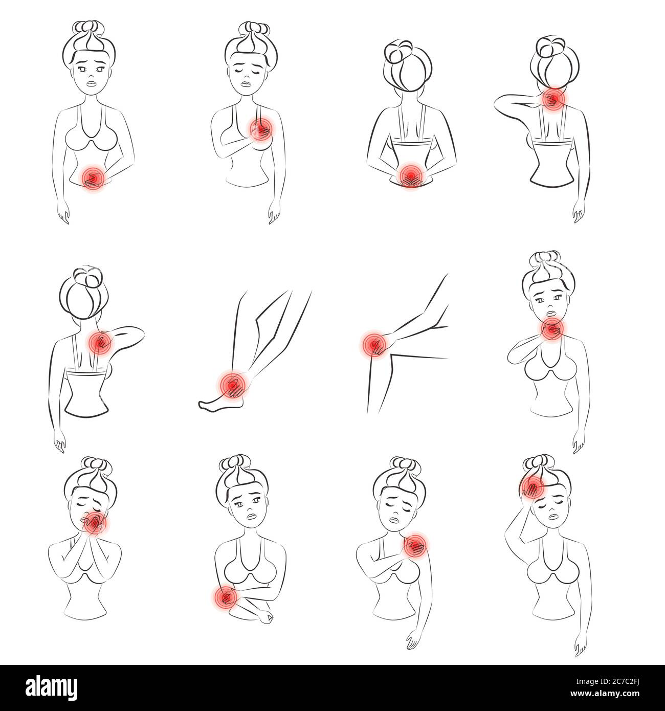 Skizzieren Vektor-Illustration der Frau Schmerz Set. Linie weibliche Gefühl Schmerzen in verschiedenen Körperteilen Stock Vektor