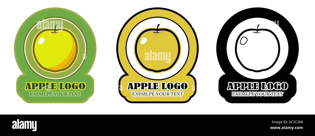 Apple Logo Design Konzept. Symbol für Gartenarbeit, Saftproduktion. Set: Vollfarbe, zweifarbig für Verpackung und schwarz für den Druck. Isoliert auf einem weißen Stock Vektor