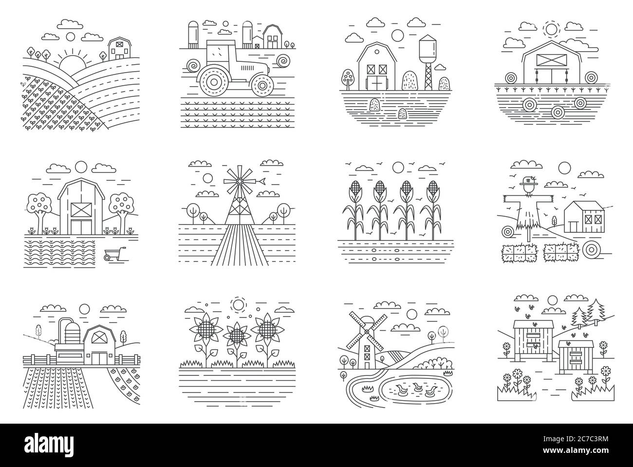 Bauernhof und Landwirtschaft Landwirtschaft Felder Konzept Linie Symbole Set Vektor Illustration Stock Vektor