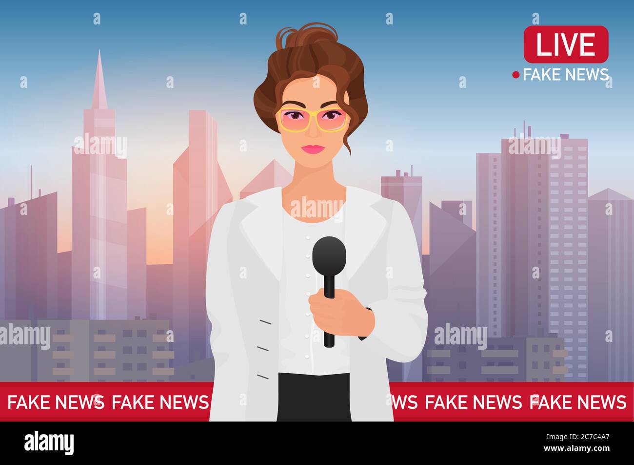 Anchorman hübsche Frau auf Stadt Hintergrund. Media tv sendete Nachrichten. Fake Breaking News Konzept Vektor Illustration Stock Vektor