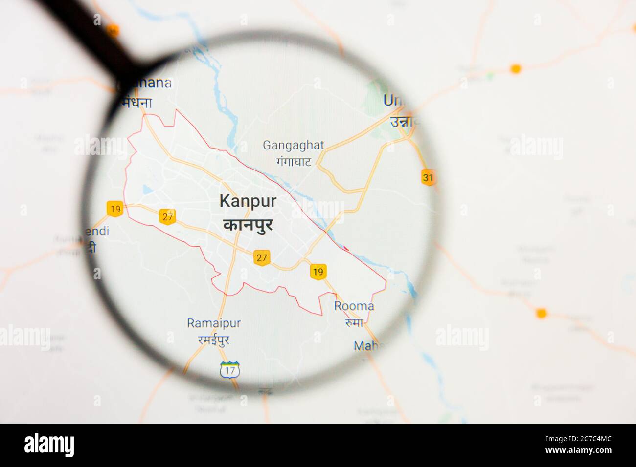Kanpur, Indien Stadt Visualisierung illustrative Konzept auf Bildschirm durch Lupe Stockfoto