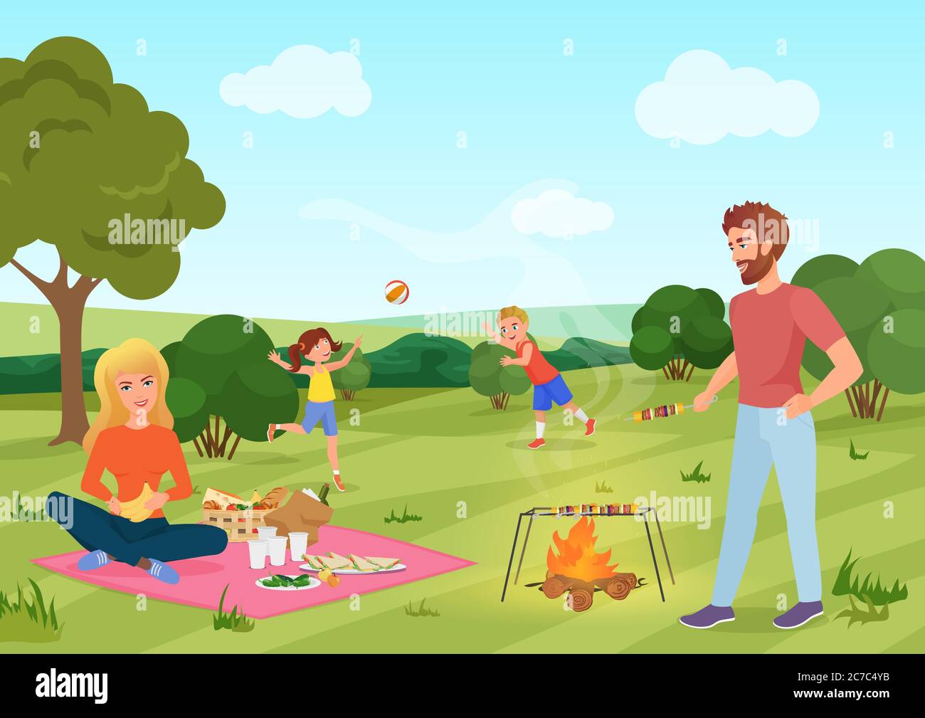 Glückliche youg Familie auf einem Picknick im Waldfeld. Vater, Mutter, Sohn und Tochter spielen und ruhen in der Natur Vektorgrafik Stock Vektor