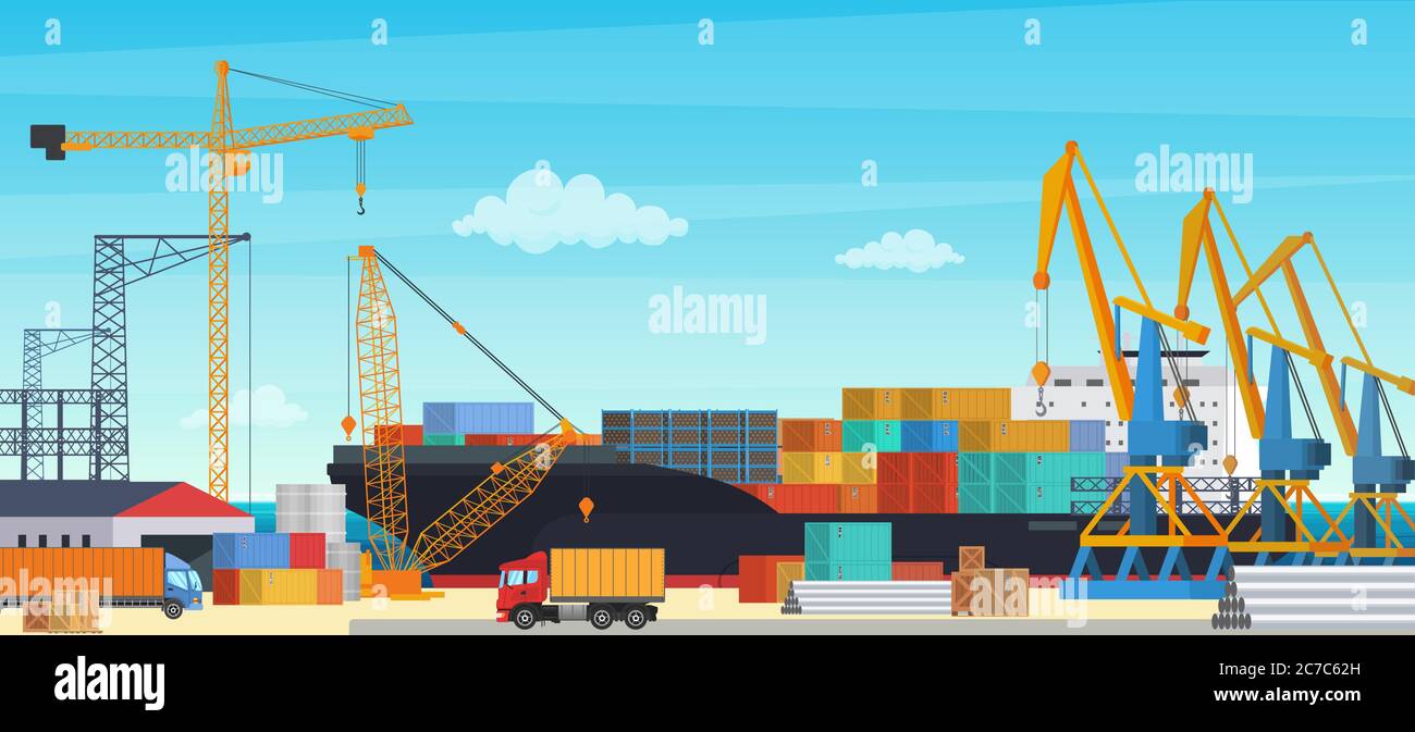 Logistik Transport Containerschiff mit Industriekran Import und Export in der Schifffracht Hafenhof. Vektorgrafik Transportindustrie Stock Vektor
