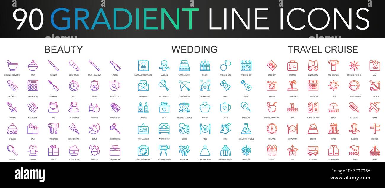 120 trendy Gradient Vektor dünne Linie Symbole Set von Schönheit, Hochzeit, Reise Kreuzfahrt. Icon Stock Vektor