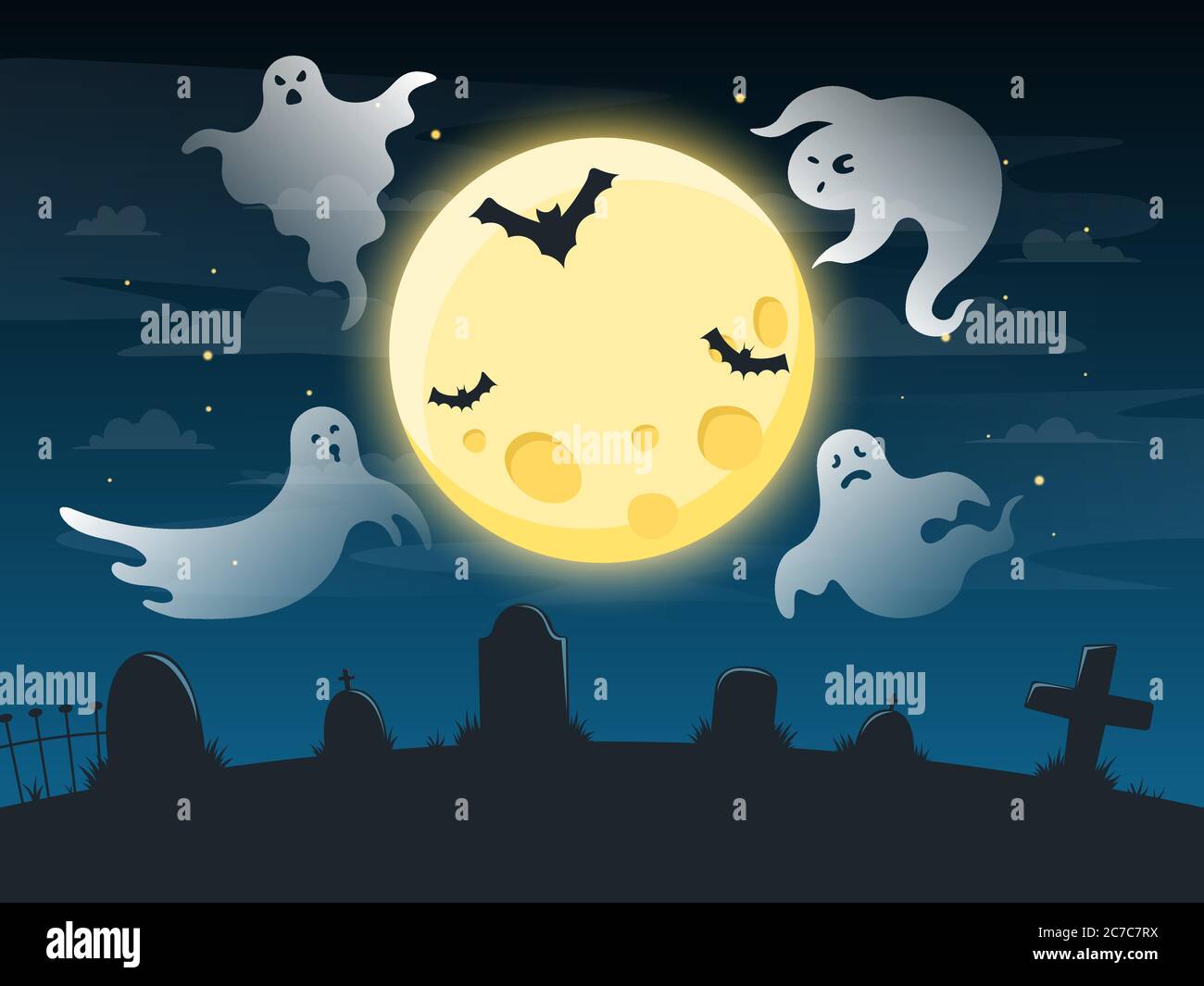 Halloween gruseliges Poster. Fliegende Schreck Geister, gruselige Geist halloween Charakter auf dunklen ominösen Hintergrund, halloween Poster Vektor Illustration Stock Vektor