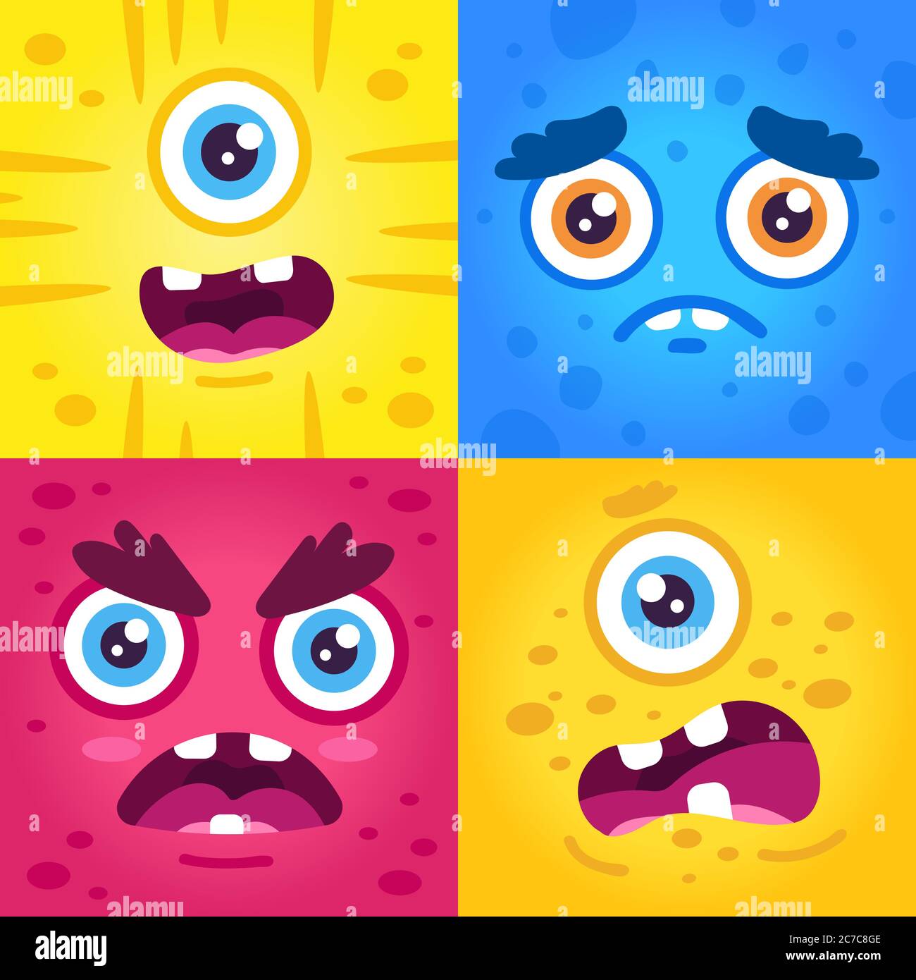 Lustige Monster Ausdrücke. Halloween niedlichen Kreaturen Schnauze, unheimlich Monster Gesicht, Alien Kreatur Maskottchen machen Gesichter Vektor Illustration Set Stock Vektor
