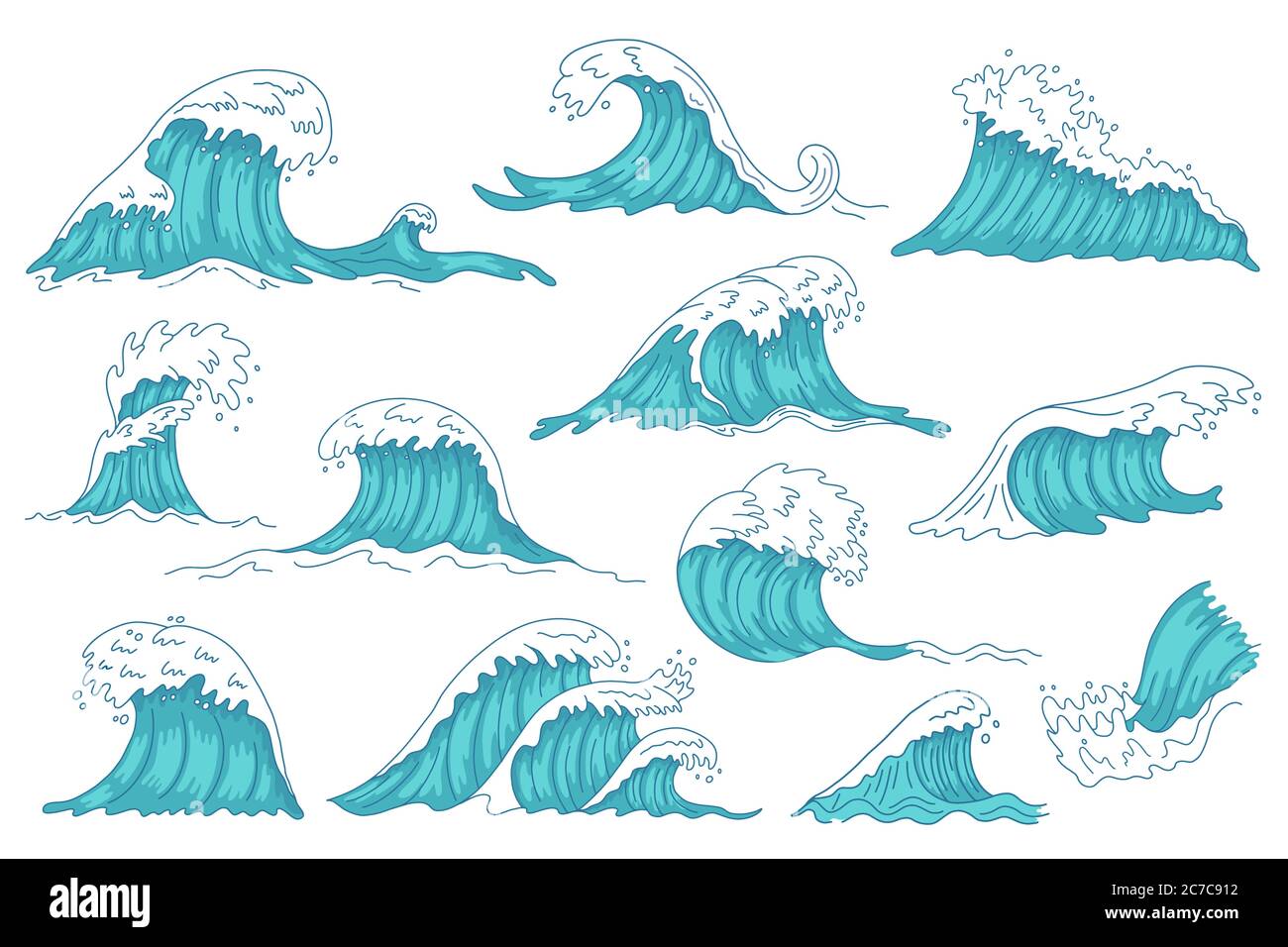 Meereswellen. Ozean Hand gezeichnet Wasserwelle, vintage Sturm Tsunami Wellen, tobende marine Wasserwelle isoliert Vektor-Illustration Symbole gesetzt Stock Vektor