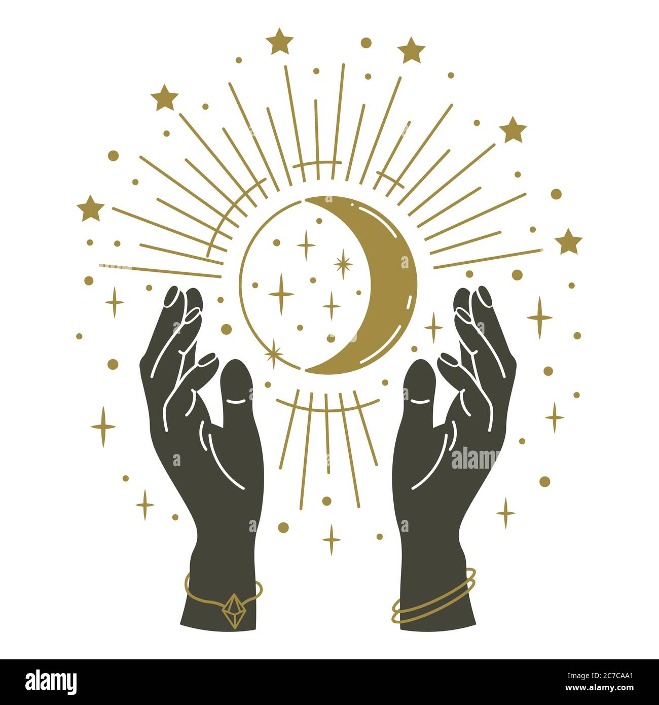 Magische Hände halten den Mond. Handgezeichnete mystische Arme mit Mond, magisches Symbol, Hexerei mystische Arme halten Mond und Sterne Vektor-Illustration Stock Vektor