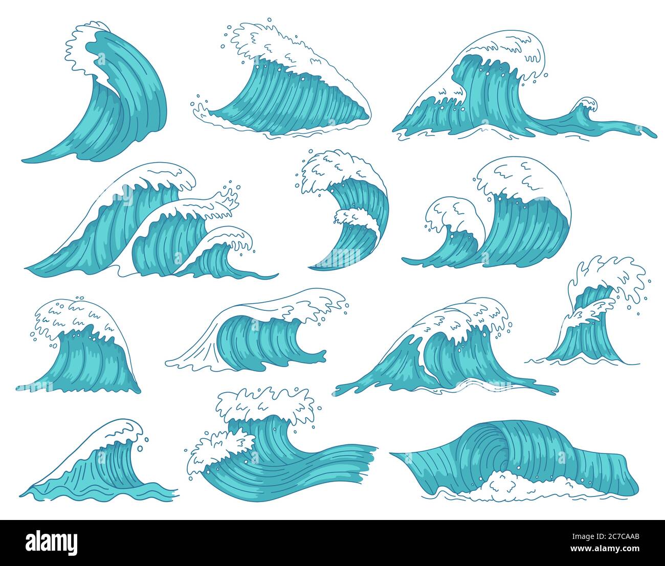 Ozeanische Wellen. Meer Hand gezeichnet Tsunami oder Sturmwellen, marine Wasserschaft, Ozean Strand Surfen Wellen isoliert Vektor Illustration Symbole gesetzt Stock Vektor