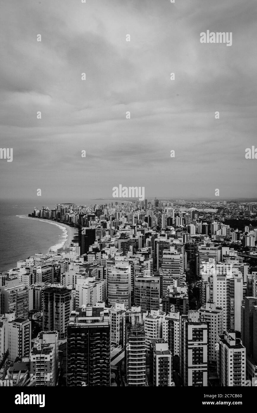 Vertikale Graustufenaufnahme des Stadtbildes mit hohen Wolkenkratzern entlang Das Ufer des Meeres Stockfoto