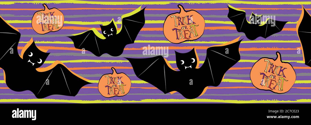 Halloween funky Fledermäuse und Kürbisse Vektor Grenze. Banner mit Tieren und Trick or Treat Text auf grunge gestreiften lila Hintergrund. Handgezeichneter Cartoon Stock Vektor