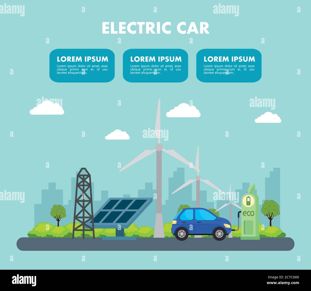 Elektro-blaues Auto mit Solarpanel-Station und Windmühlen Vektor-Design Stock Vektor