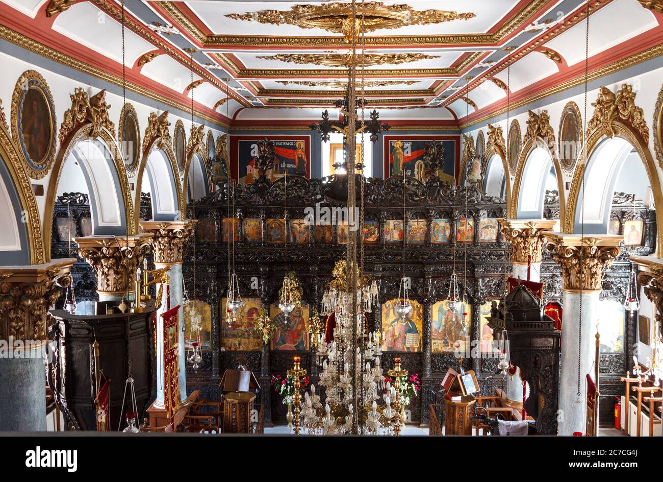 Agios Dimitrios griechisch-orthodoxe Kirche, der Haupttempel im Dorf Agra, auf der Insel Lesbos, Griechenland, Europa. Stockfoto