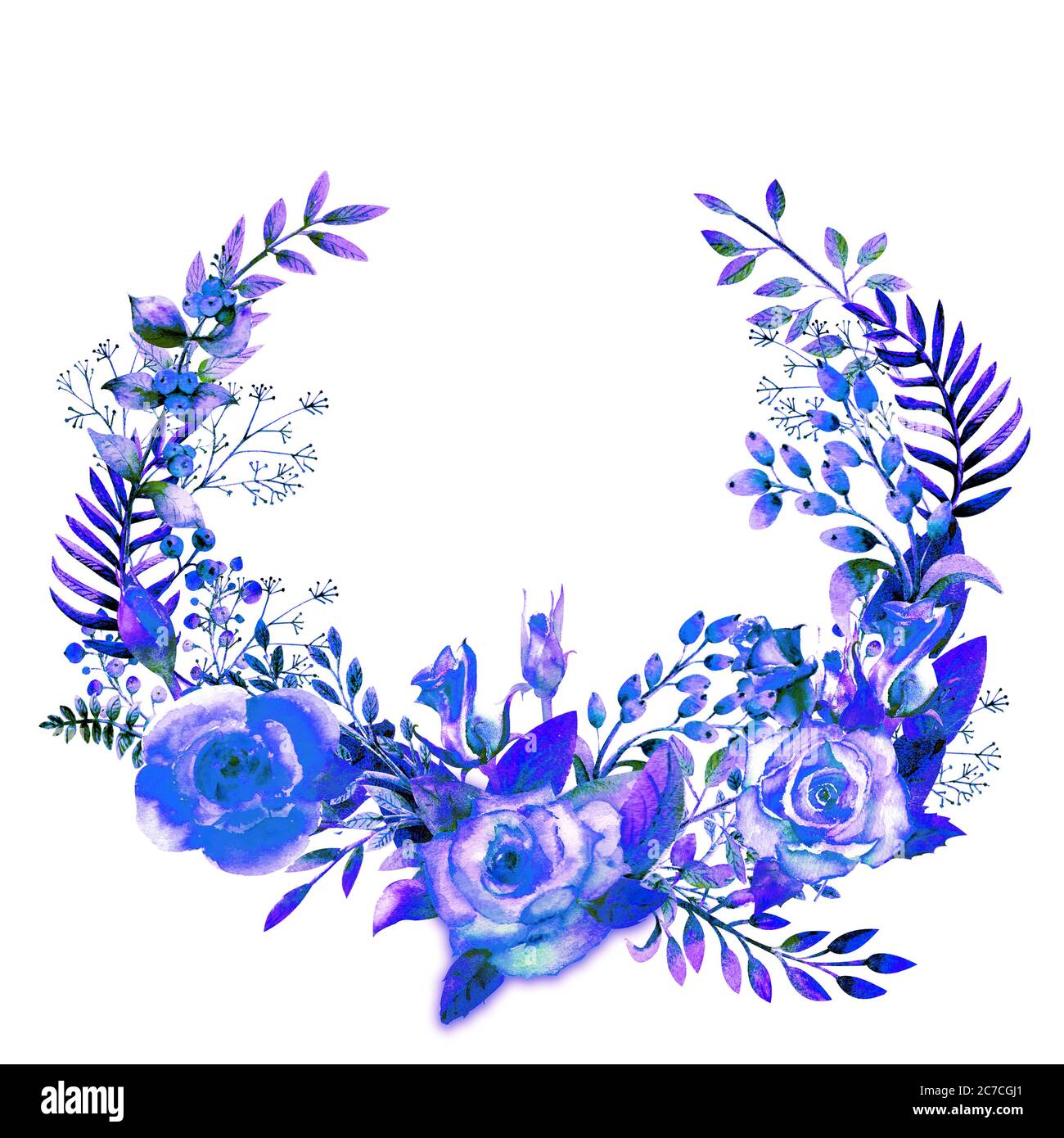 Kranz mit blauen Rosenblüten, Blättern, Zweigen. Hochzeitskonzept mit Blumen. Blumenplakat, Einladung. Aquarell Kompositionen für die Dekoration von Stockfoto