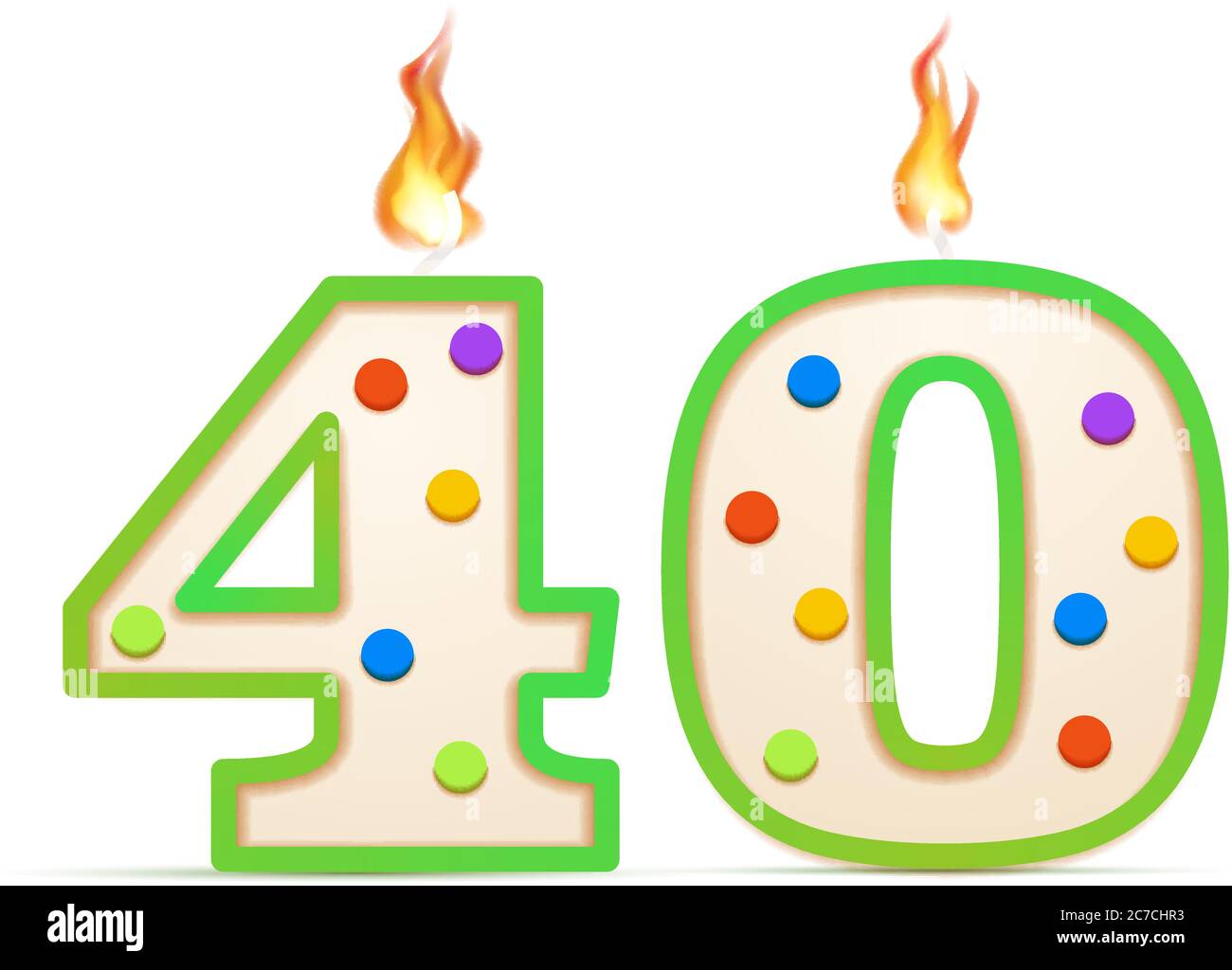 40 Jahre Jubiläum, 40 nummerförmige Geburtstagskerze mit Feuer auf weiß  Stock-Vektorgrafik - Alamy