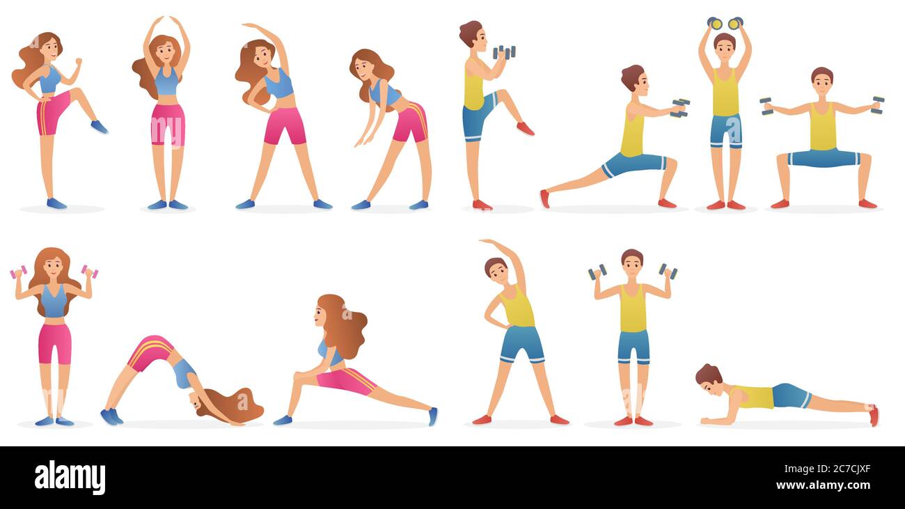 Junge Mann und Frau verschiedene gymnastische Posen und Yoga Asana Set isoliert auf weißem Hintergrund. Gesunde Lebensweise Sport Cartoon Vektor Illustration Stock Vektor