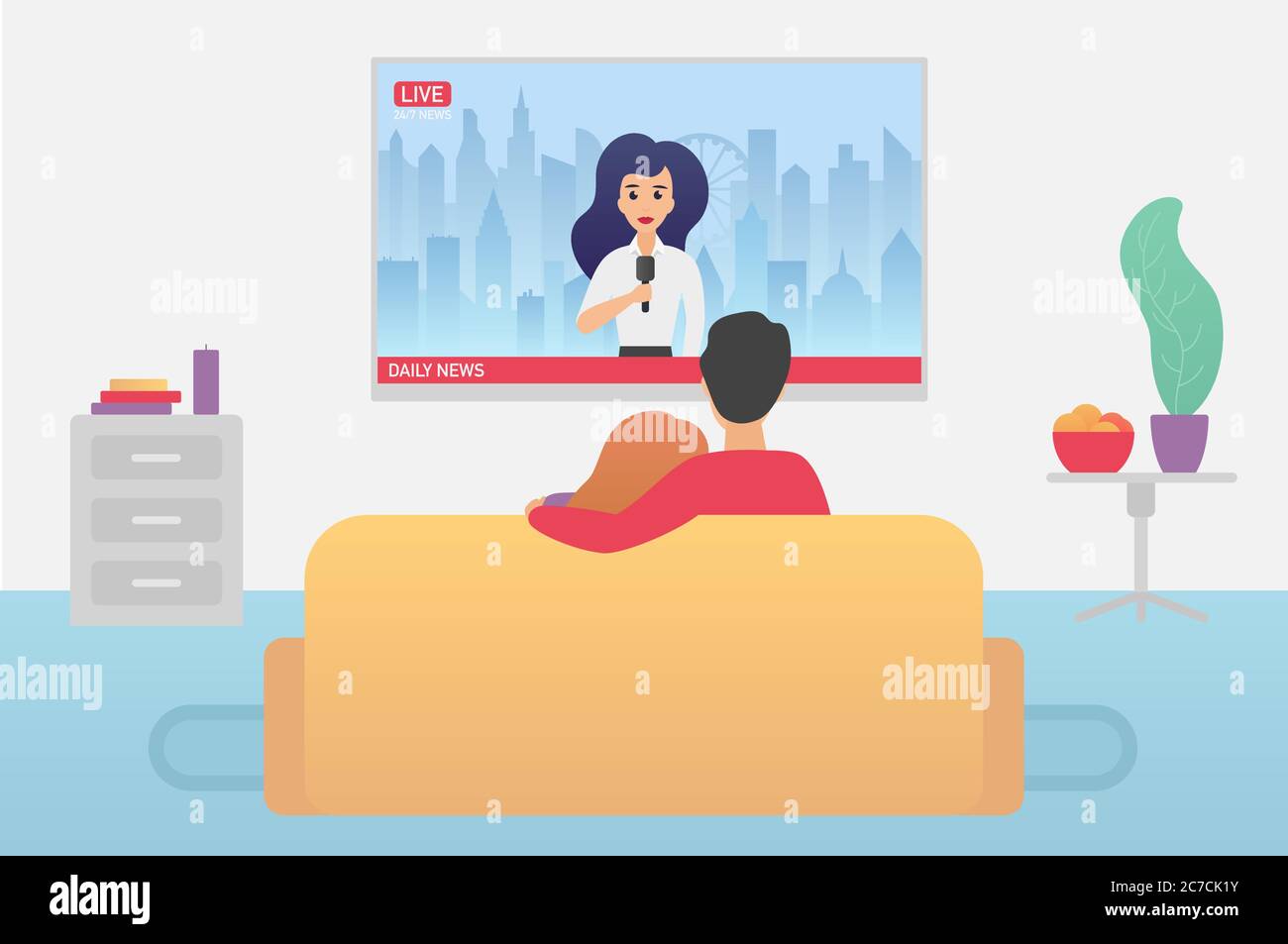 Paar Familie Fernsehen tägliche Nachrichten Programm sitzen auf der Couch zu Hause im Wohnzimmer flache Vektor-Ilustration Stock Vektor