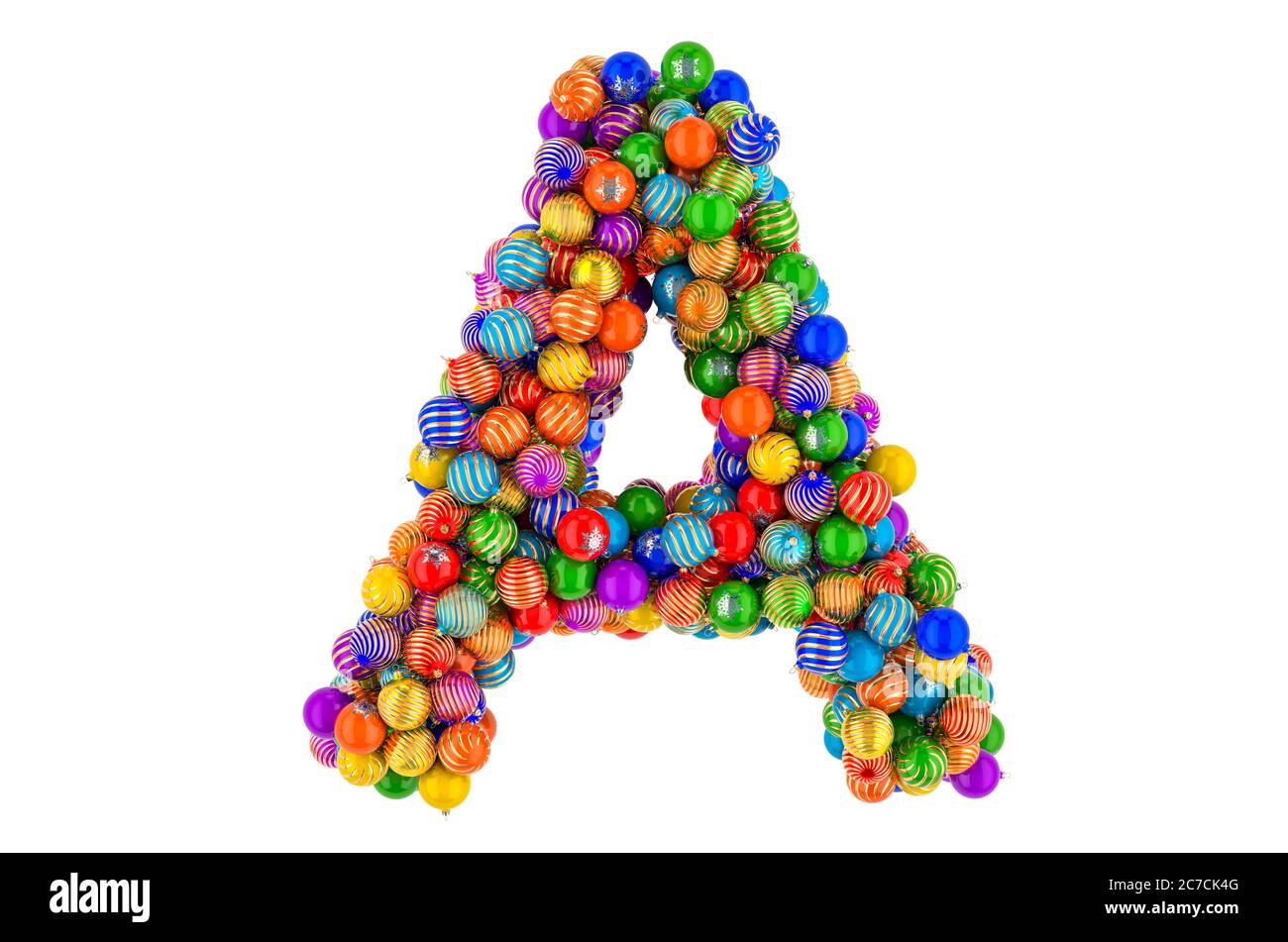 Buchstabe A von farbigen Weihnachtskugeln. Xmas balls Schriftart, 3D-Rendering isoliert auf weißem Hintergrund Stockfoto