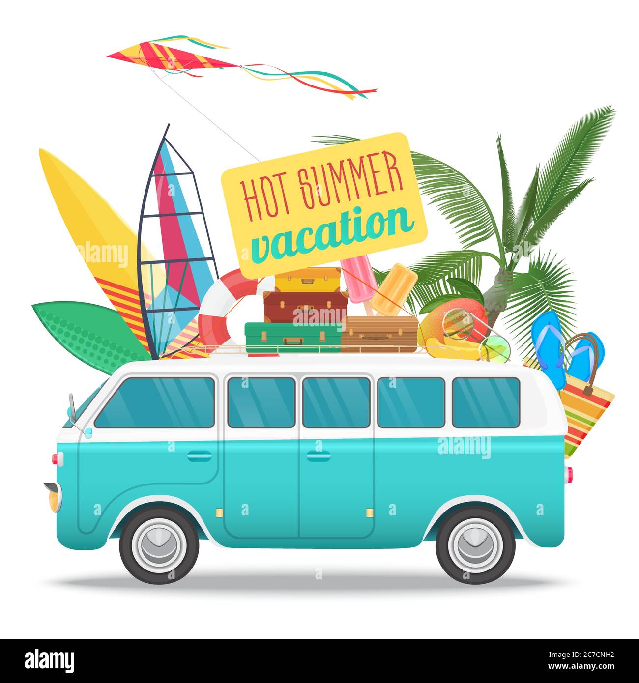 Sommer Reise Vektor Illustration mit Vintage Bus. Logo „Beach Concept“. Sommertourismus, Reisen, Reise und Surfer Stock Vektor