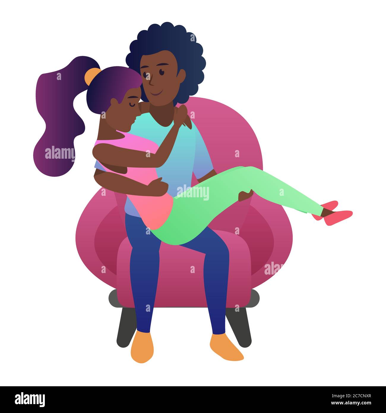 Sweet liebevolle schwarze afroamerikanische Paar sitzt zusammen in der Sofa Vektor-Illustration Stock Vektor