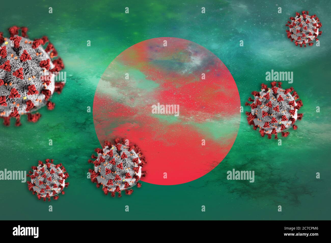 Konzept des Coronavirus oder Covid-19 Partikel überschattet Flagge von Bangladesch symbolisierend Ausbruch. Stockfoto