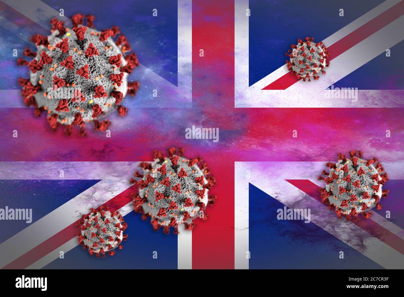 Konzept von Coronavirus oder Covid-19-Teilchen überschattet Flagge des Vereinigten Königreichs symbolisieren Ausbruch. Stockfoto