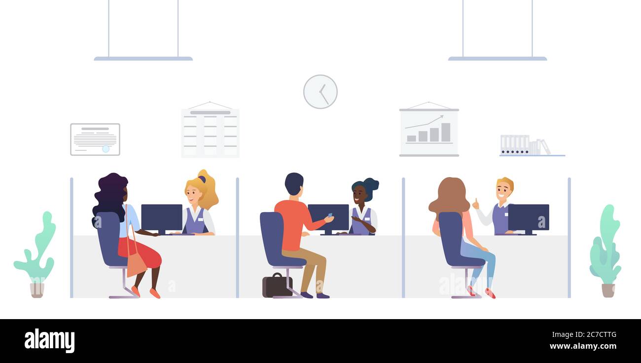 Mitarbeiter in der Kreditabteilung der Bank. Beratung und Service Büroinnenraum mit Mitarbeitern und Kunden Vektor-Illustration Stock Vektor