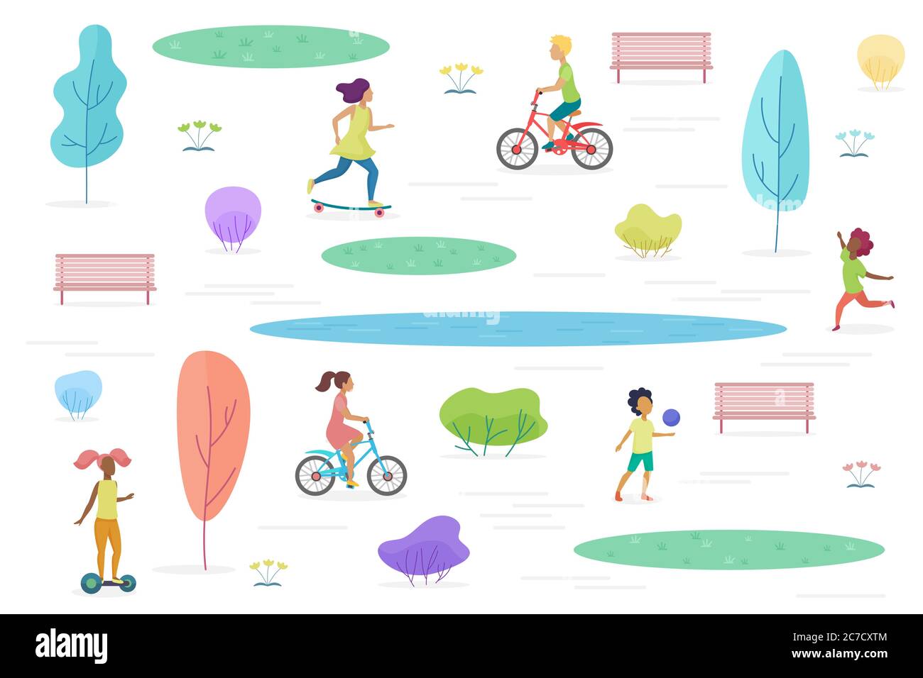 Öffentlicher Park mit Wander-, Reiten und spielenden Kindern isoliert. Vergnügungspark für Kinder Vektor-Illustration Stock Vektor