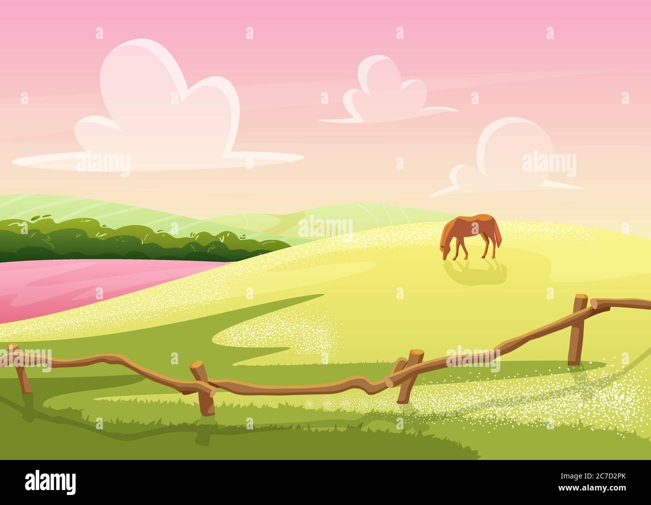 Sommer niedlich sonnigen Cartoon ländlichen Lichtung Hügel Blick mit weideten Pferd auf dem Feld. Cartoon Vektor Illustration für Grußkarte, Spiel, Banner, Poster Stock Vektor