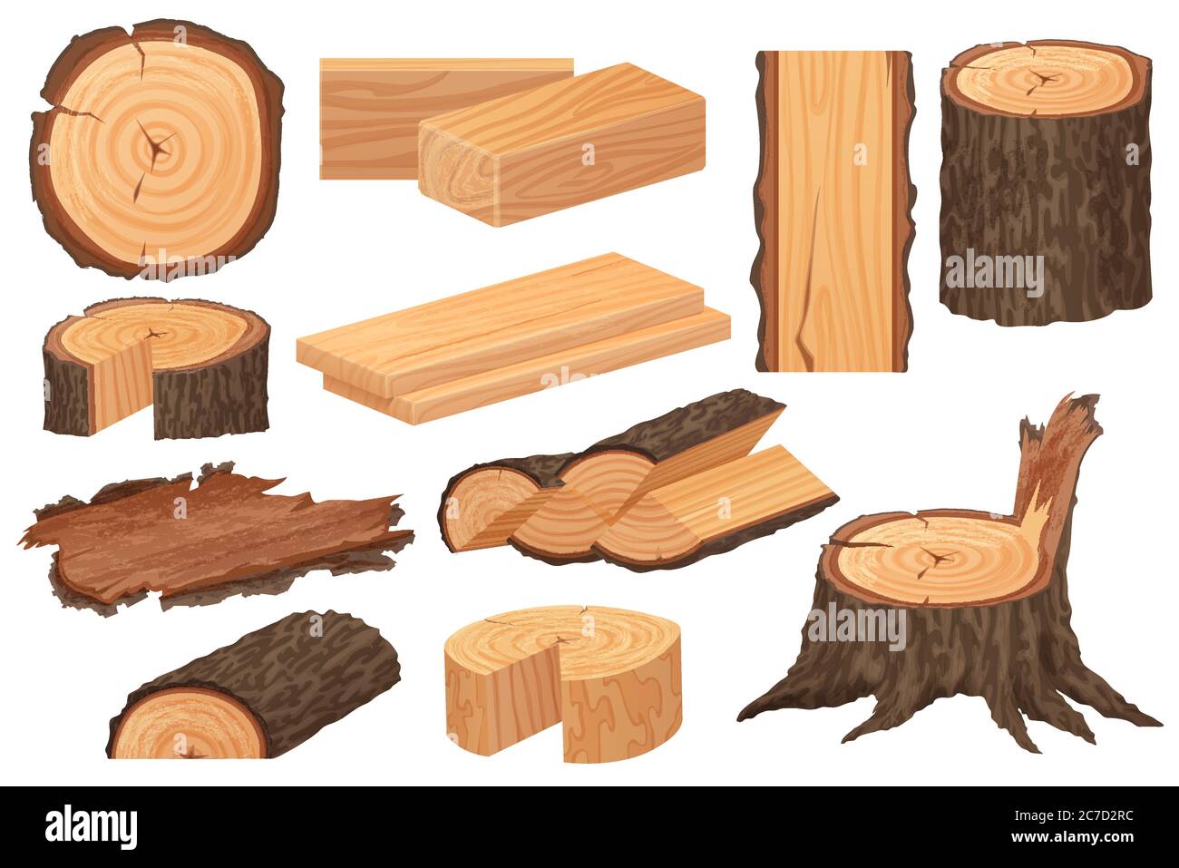 Rohstoffe der Holzindustrie. Realistische, detailreiche Vektorproduktionsmuster. Baumstamm, Baumstämme, Stämme, Holzplanken, Baumstümpfe, Baumzweig, Zweige Stock Vektor