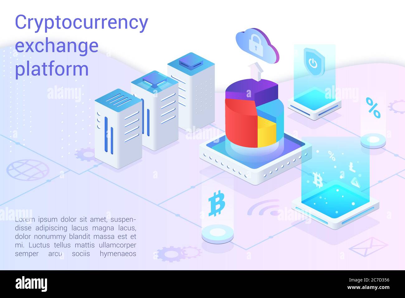 Vorlage für die Landing Page-Vektorvorlage für Kryptowährungsbörsen. Bitcoin Finanztransaktionen, e Billing Service Website Layout. Krypto-Mining, Blockchain 3d-Konzept. Elektronischer Währungsmarkt Stock Vektor