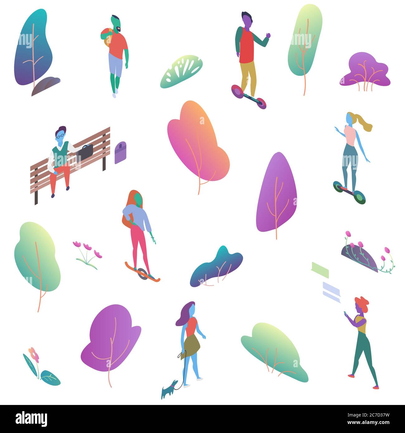 Verschiedene isomere 2d flache Menschen im öffentlichen Park. Männlich und weiblich haben Outdoor Aktivität Vektor Illustration Stock Vektor