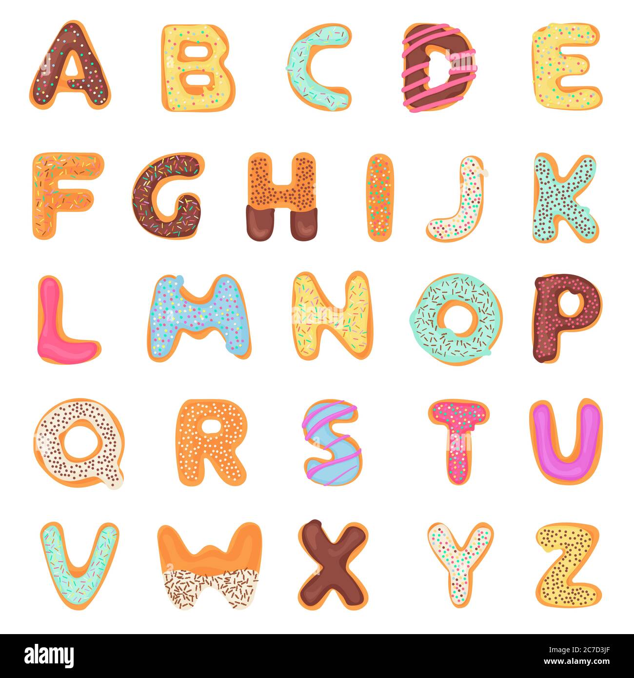 Set von köstlichen, süß, wie Donuts, glasiert, Schokolade, lecker, lecker, geformt Alphabet Schrift Buchstaben isoliert auf weißem Hintergrund. Farbenfrohe Vektorgrafik Stock Vektor